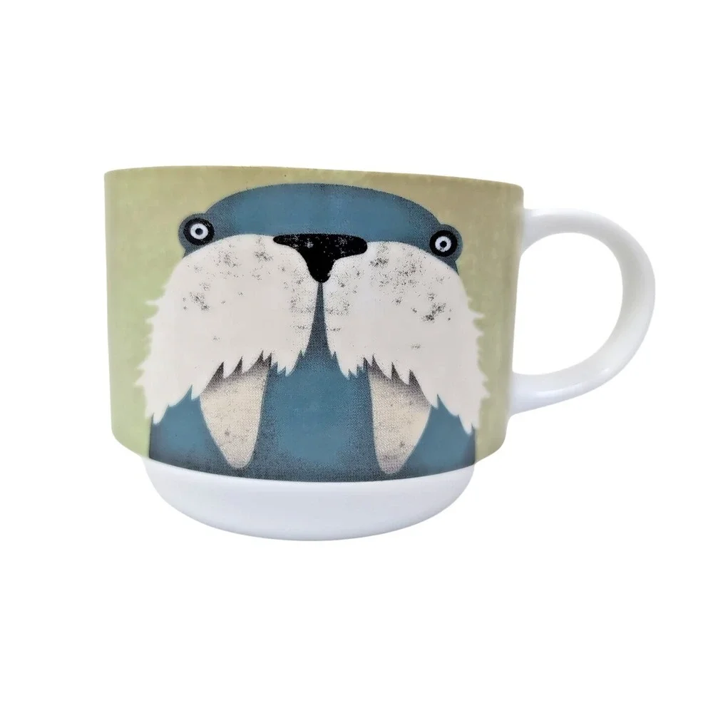 Pier 1 One Imports Stacking Mugs Set of 4 / Metal Stand Arctic Animals Porcelain